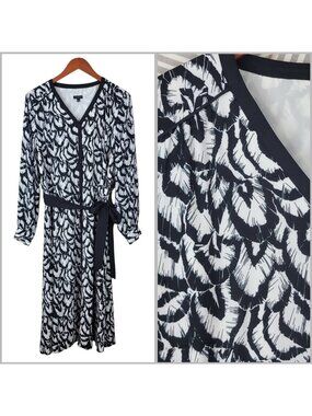 NEW Talbots Shirt Dress Size 16 Belted Midi Button Front Tie Waist Black White